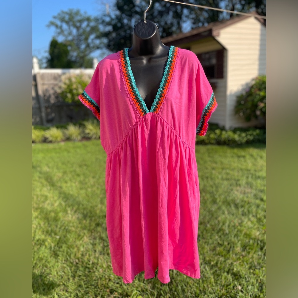 NWT Boden crochet cotton pockets dress 22 24 V neck‎ pink resort boho beach - Picture 2 of 15